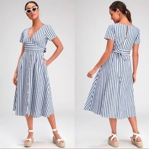 Lulu’s Swingdance Blue Striped Button Front Midi Dress